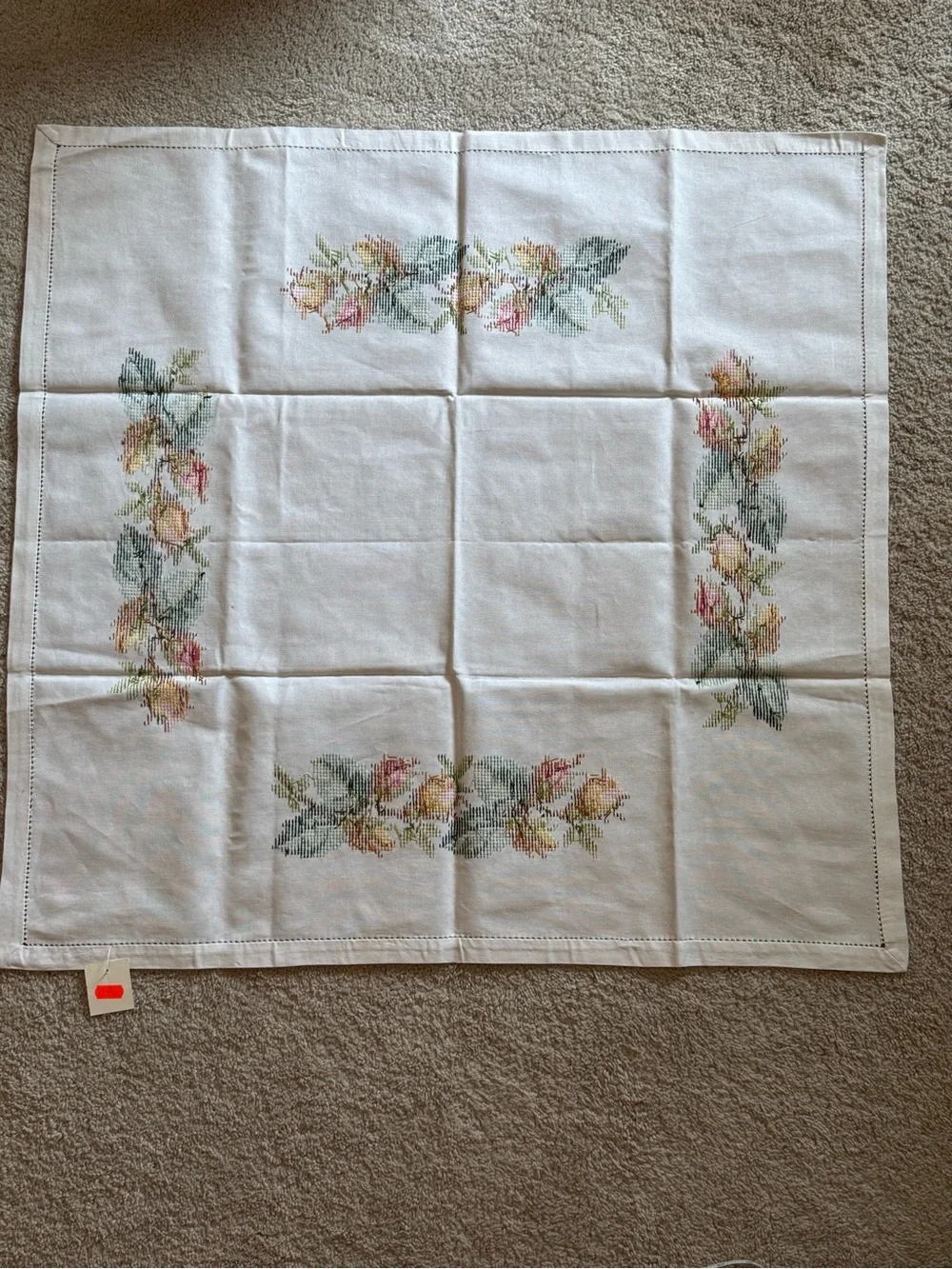 Vintage Scandinavian Rose Embroidery/Cross Stitch Table Topper/Cloth
